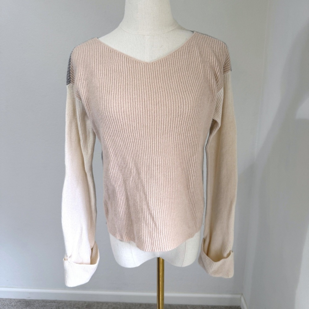 Vince 100% Cashmere Colorblock Ribbed V-Neck‎ Sweater Neutrals Minimal Modern